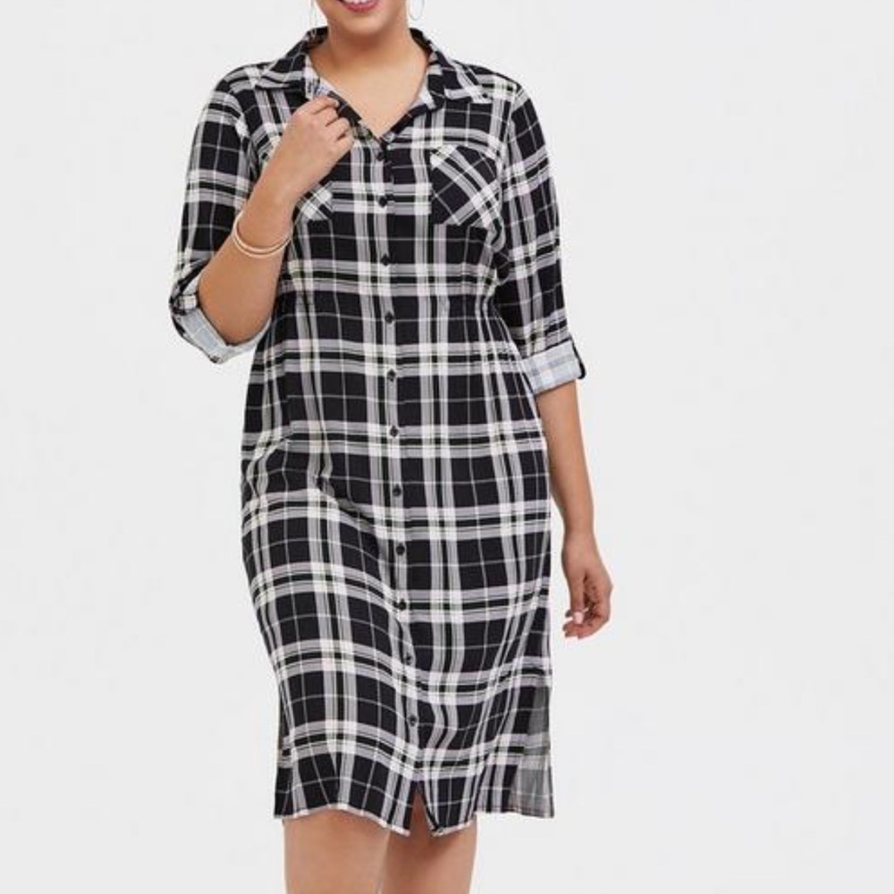Torrid Black & Lime Green Plaid Challis Button Front Midi Shirt Dress